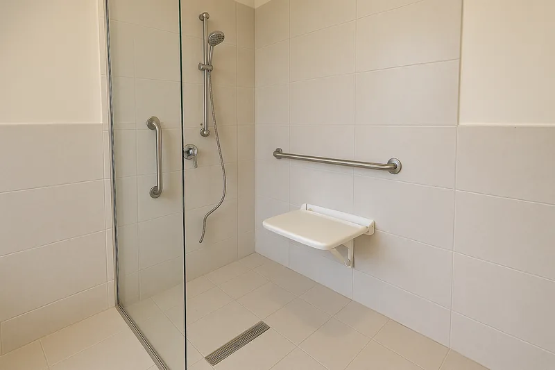 A level-entry shower behind a glass screen with a folding white seat, two stainless steel grab rails and a linear floor drain — accessible bathroom modification, Newcastle and Lake Macquarie. Illustrative example.