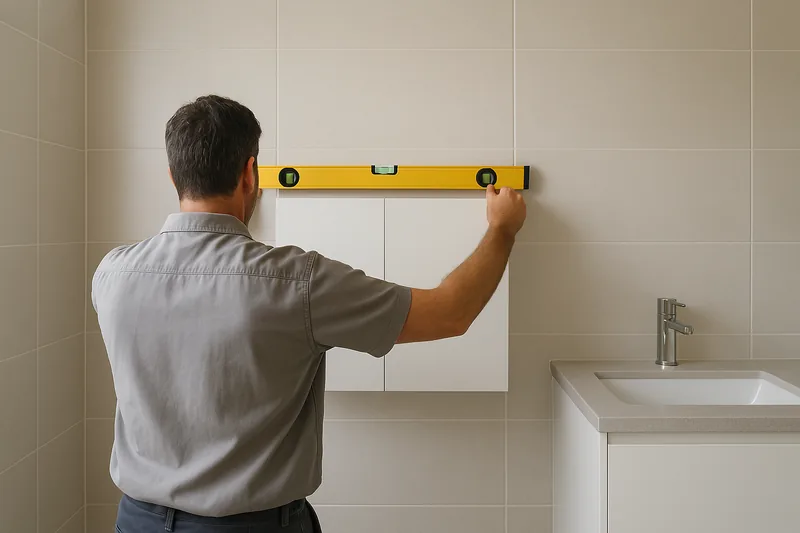 A tradesperson seen from behind holding a yellow spirit level above a white cabinet fixed to a tiled bathroom wall, a basin on a white vanity beside them — bathroom renovation, Newcastle and Lake Macquarie. Illustrative example.