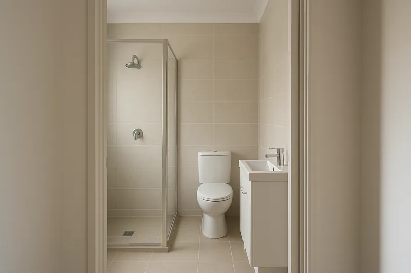 A compact ensuite seen through a bedroom doorway, with a glass-screened shower, a toilet and a small white vanity with a basin, all on pale tiles — ensuite renovation, Newcastle and Lake Macquarie. Illustrative example.