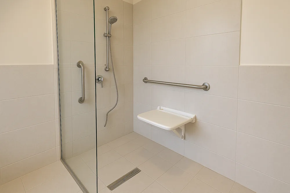 A level-entry shower behind a glass screen with a folding white seat, two stainless steel grab rails and a linear floor drain — accessible bathroom modification, Newcastle and Lake Macquarie. Illustrative example.