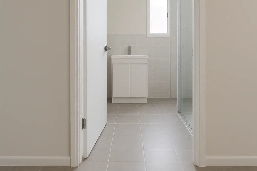 A wide bathroom doorway with a level floor running through it, a lever door handle and a white vanity beyond — accessible bathroom modification, Newcastle and Lake Macquarie. Illustrative example.