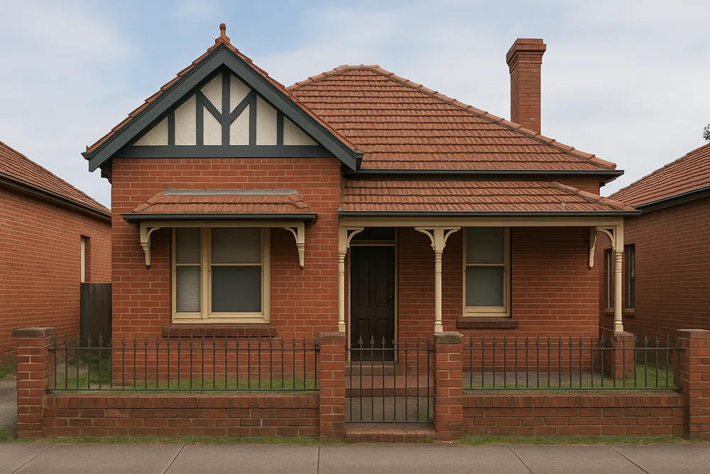 A single-storey red face-brick cottage with a half-timbered gable, a terracotta tiled roof, a brick chimney and a verandah with turned timber posts, behind a low brick and iron fence — bathroom renovation in an older home, Newcastle and Lake Macquarie. Illustrative example.