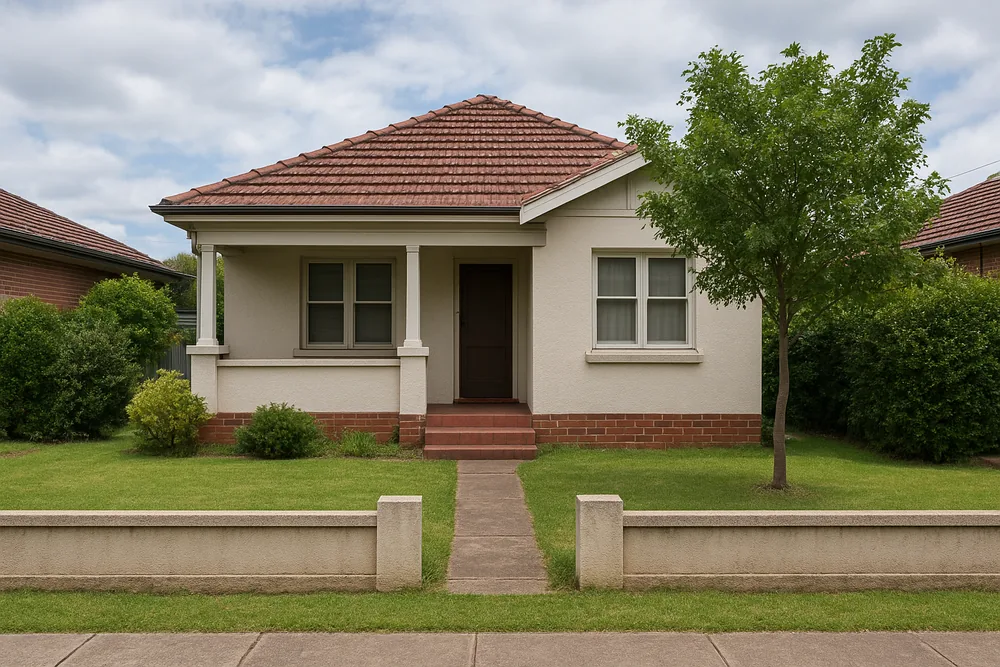 A single-storey inter-war bungalow with a tiled hipped roof, a small front porch and rendered walls, set behind a low front fence in a garden with lawn, shrubs and a tree — bathroom renovation in an older home, Newcastle and Lake Macquarie. Illustrative example.