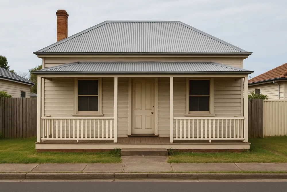 The front of an older single-storey weatherboard cottage with a hipped iron roof, a front verandah and a brick chimney, behind a footpath and kerb — bathroom renovation in an older home, Newcastle and Lake Macquarie. Illustrative example.