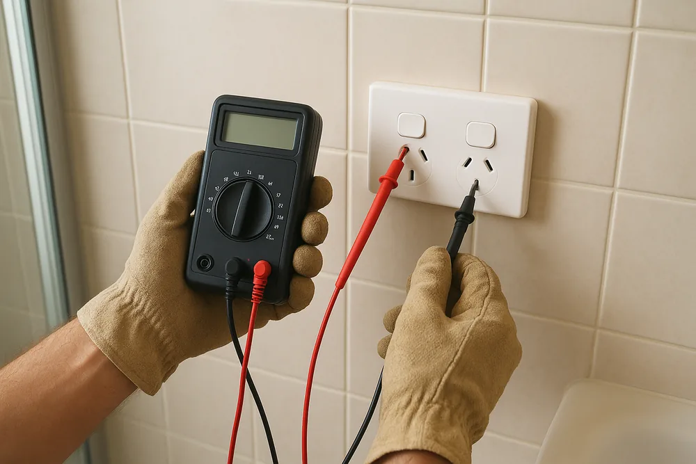 Two gloved hands holding a multimeter with its red and black probes in the sockets of a double power point on a tiled bathroom wall, with its display blank — bathroom renovation electrical work, Newcastle and Lake Macquarie. Illustrative example.