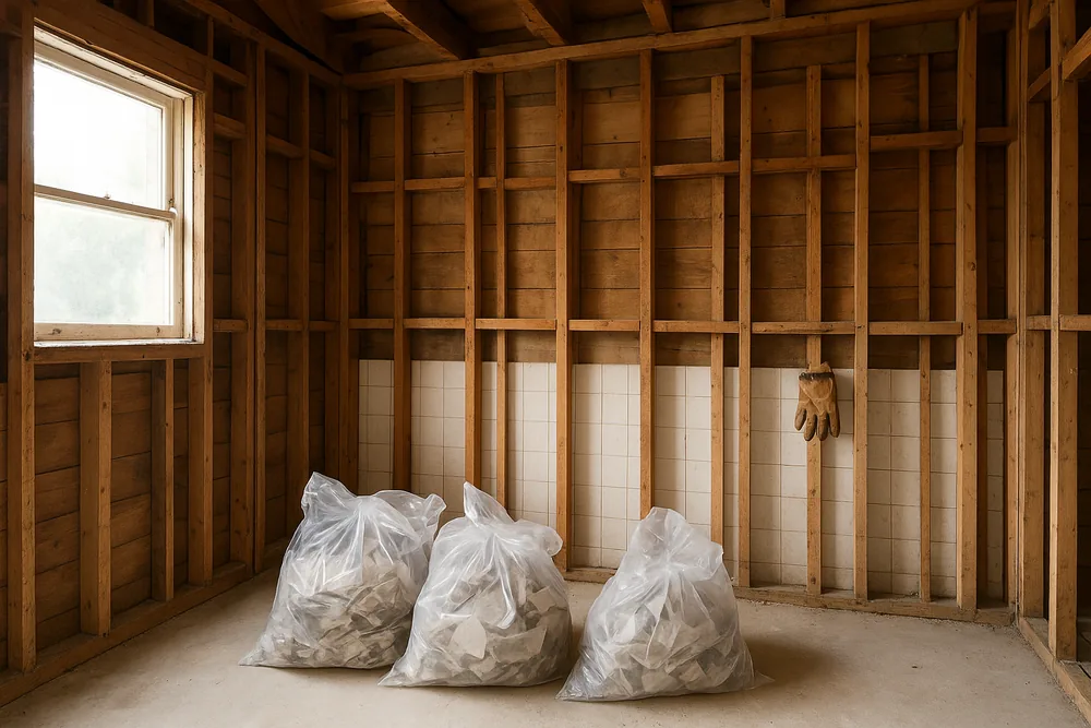 A bathroom stripped back to bare timber wall framing, three clear bags of rubble on the concrete floor and a work glove hung on a stud, a strip of old white wall tiles still on the lower wall — bathroom renovation, Newcastle and Lake Macquarie. Illustrative example.