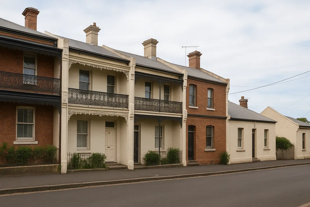 A row of two-storey terrace houses on narrow lots with iron lace balconies, and a single-storey cottage at the end of the row, along a street with a footpath and kerb — bathroom renovation in an older home, Newcastle and Lake Macquarie. Illustrative example.