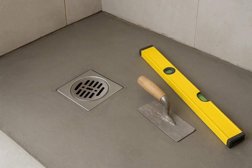 A stainless steel floor drain set into a bare grey screeded shower floor before tiling, with a trowel and a yellow spirit level beside it — ensuite renovation, Newcastle and Lake Macquarie. Illustrative example.