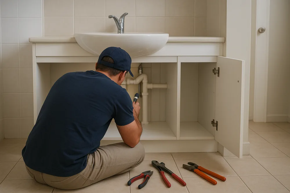 A plumber in a cap, seen from behind and sitting on a tiled floor, shining a torch at the pipework under an open white sink cabinet, three pairs of pliers on the floor beside them — laundry renovation plumbing, Newcastle and Lake Macquarie. Illustrative example.