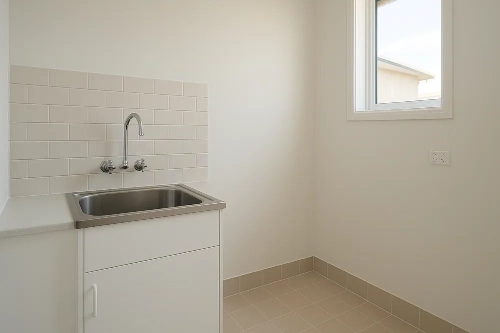 A renovated laundry with a stainless steel tub set into a white cabinet, a white brick-pattern tiled splashback, a tiled floor and a window — laundry renovation, Newcastle and Lake Macquarie. Illustrative example.