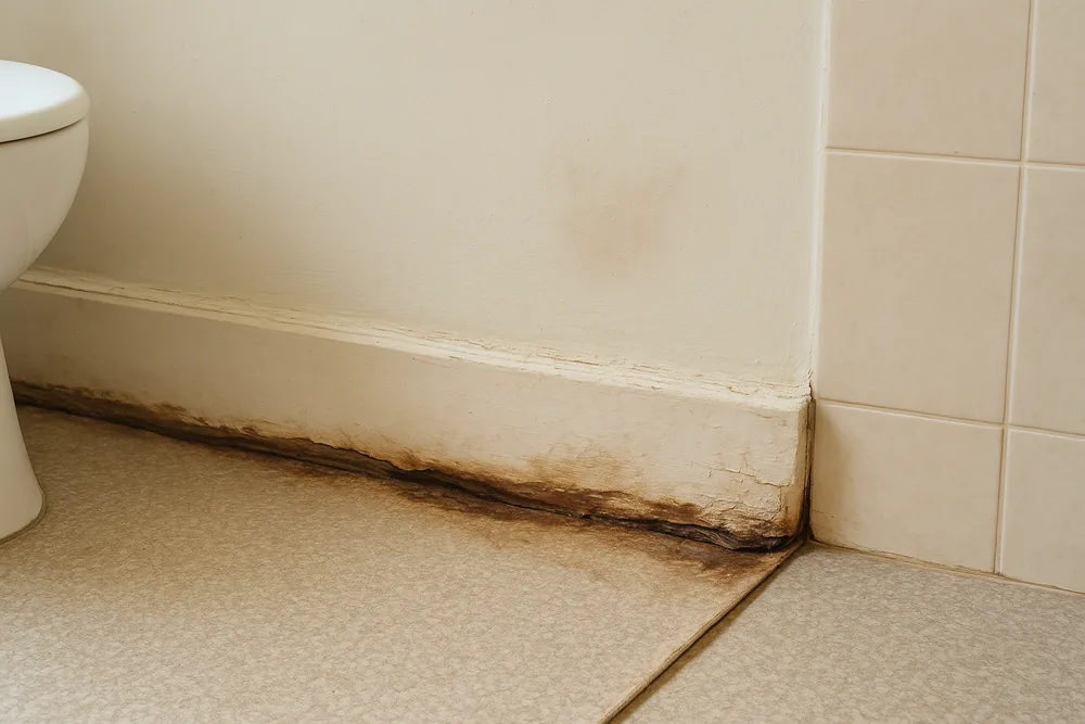 A brown water stain along a painted timber skirting beside a shower wall, with the floor covering lifting at its edge — shower leak repair, Newcastle and Lake Macquarie. Illustrative example.